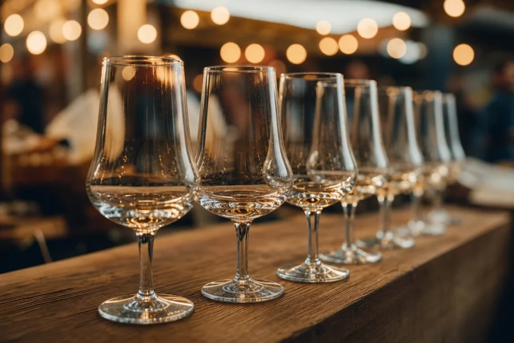 Mise en scène éditoriale évoquant une dégustation à la foire viticole, avec une rangée de verres à dégustation en cristal sur un comptoir en bois et un arrière-plan lumineux flou.