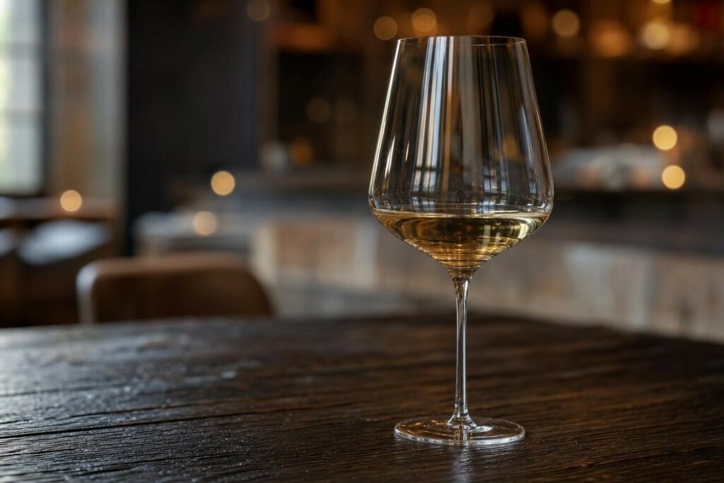 Verre de vin élégant posé sur un comptoir en bois, ambiance tamisée et flous d’un salon de dégustation