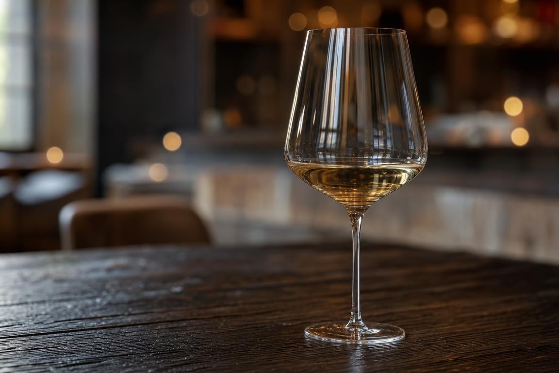 Verre de vin élégant posé sur un comptoir en bois, ambiance tamisée et flous d’un salon de dégustation