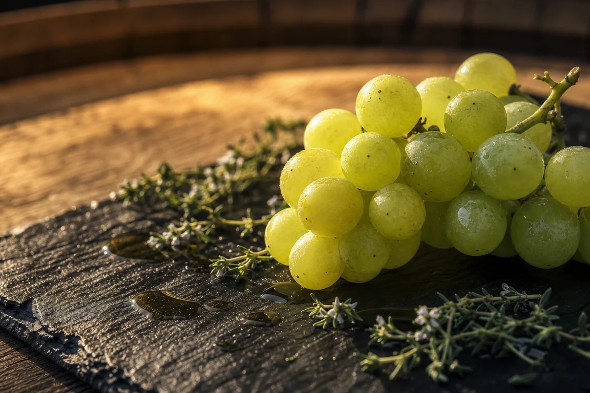 Gros plan macro sur une grappe de raisins verts, gouttes d’huile d’olive et brins de thym sur ardoise avec fond en bois de barrique évoquant une ambiance gourmande
