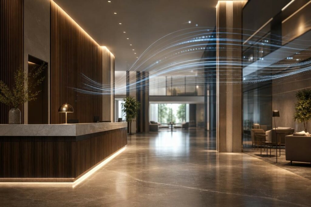 Scène évocatrice d’un hall d’hôtel générique éclairé par des lignes lumineuses abstraites évoquant l’IA et la croissance du secteur