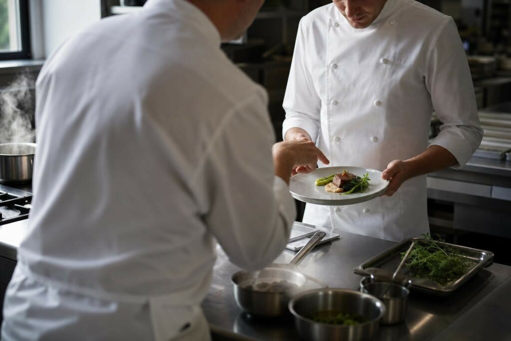 Scène de cuisine professionnelle générique montrant deux silhouettes anonymes de chefs en pleine session de coaching culinaire, dressage d’une assiette, vapeur et ustensiles inox.