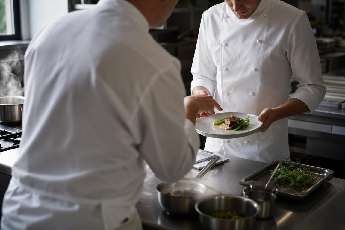 Scène de cuisine professionnelle générique montrant deux silhouettes anonymes de chefs en pleine session de coaching culinaire, dressage d’une assiette, vapeur et ustensiles inox.