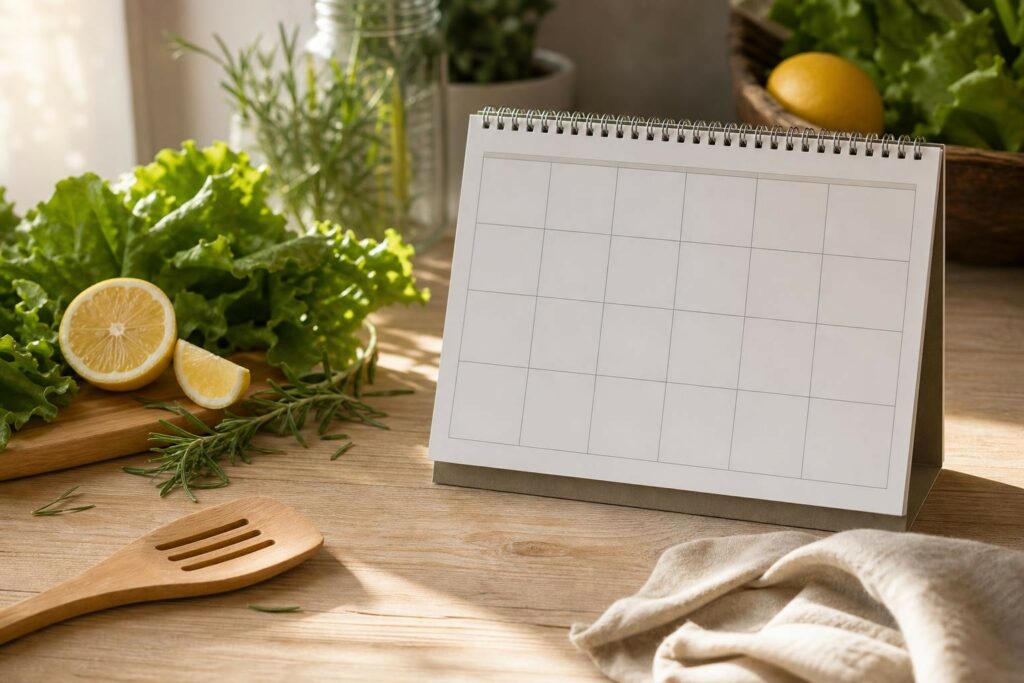 Illustration d’un calendrier culinaire ouvert sur une table en bois clair, entouré de feuilles de salade, tranches de citron et branche de romarin évoquant des dîners allégés