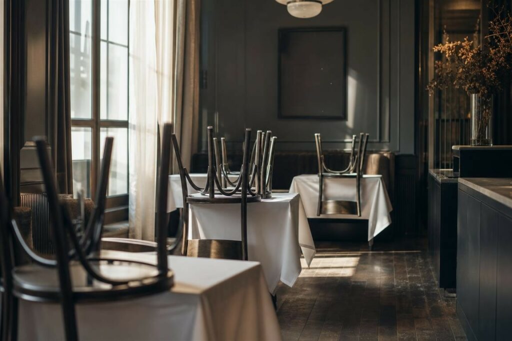 Scène évocatrice de la fermeture d’un restaurant haut de gamme avec chaises retournées et tables vides