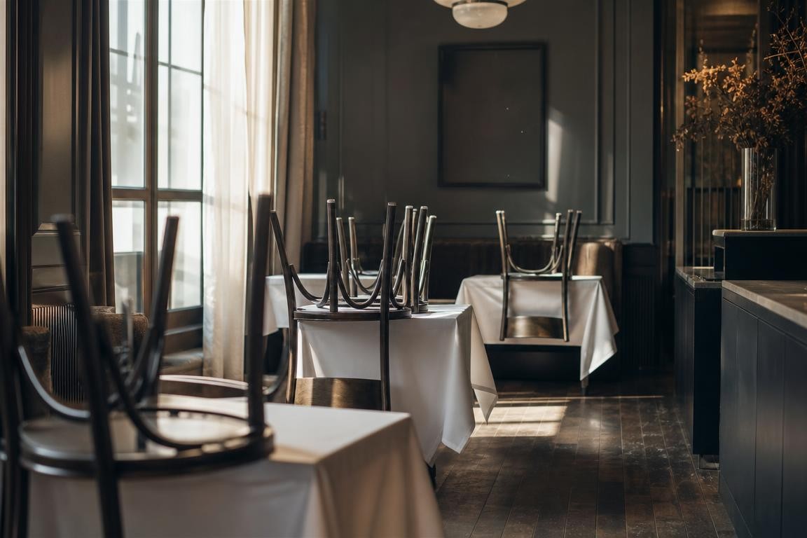 Scène évocatrice de la fermeture d’un restaurant haut de gamme avec chaises retournées et tables vides