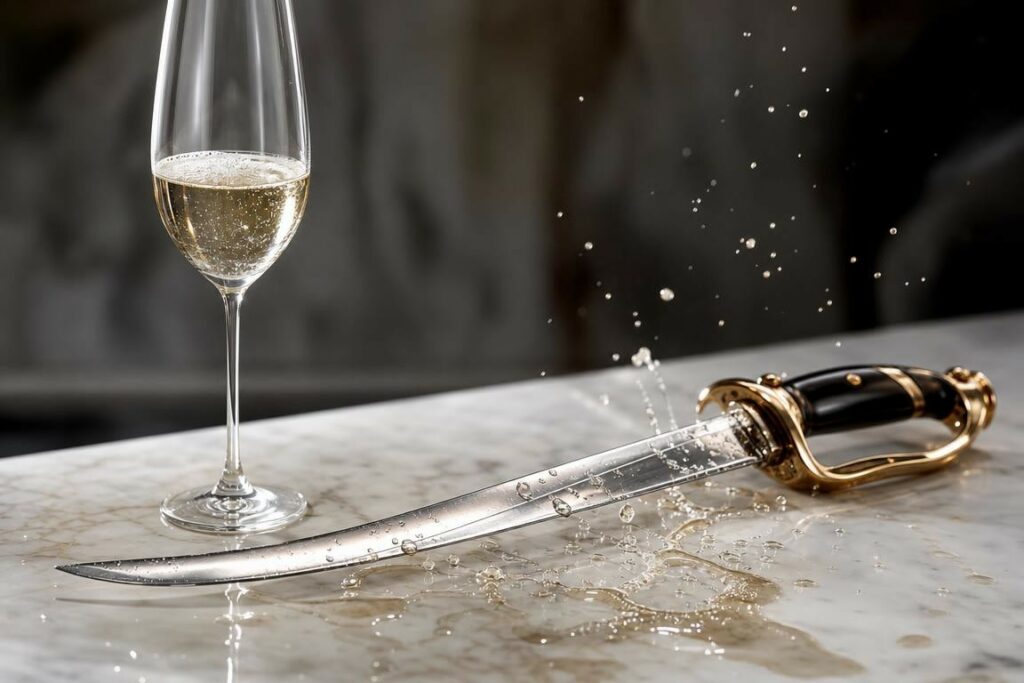 Mise en scène conceptuelle d’un sabre sur un plan de travail en marbre à côté d’un verre à champagne partiellement rempli, avec éclaboussures discrètes évoquant le sabrage.