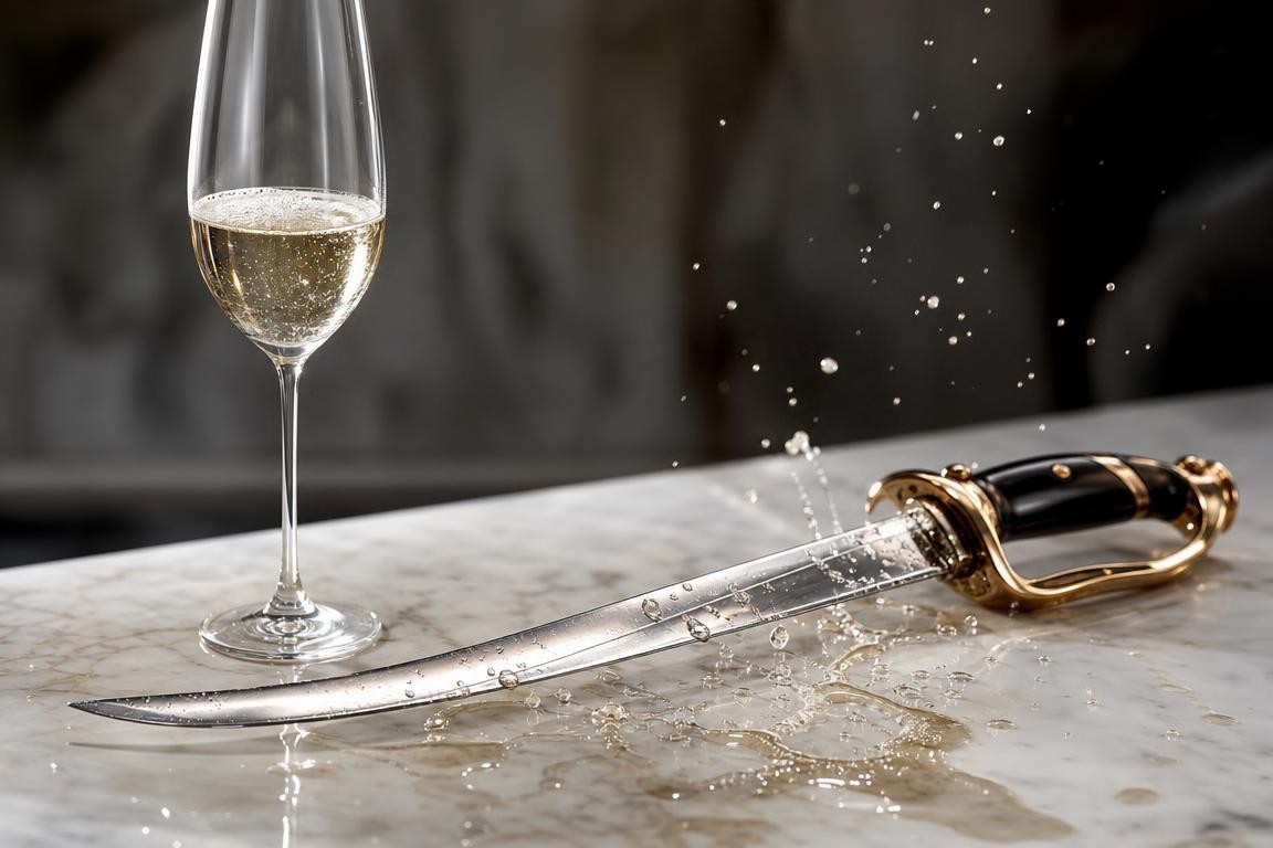Mise en scène conceptuelle d’un sabre sur un plan de travail en marbre à côté d’un verre à champagne partiellement rempli, avec éclaboussures discrètes évoquant le sabrage.
