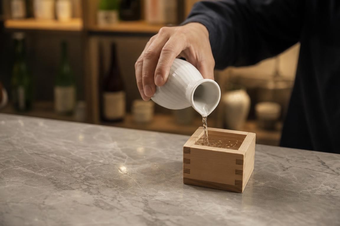 Main anonyme versant du saké d’un tokkuri en céramique dans un masu en bois sur un comptoir en marbre, scène de préparation dans un bar à saké évoquant l’ouverture du lieu.