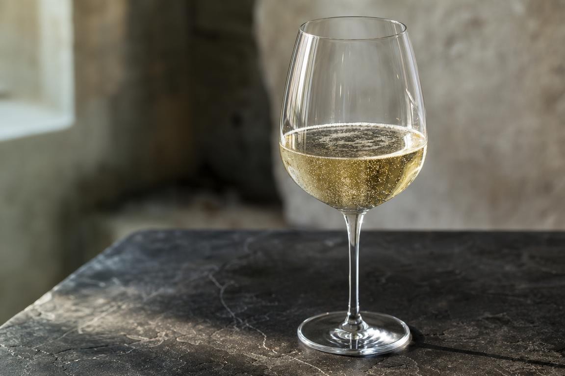Verre à vin pétillant blanc, tiers rempli, posé sur plan de pierre sombre, bulles fines visibles, lumière naturelle latérale