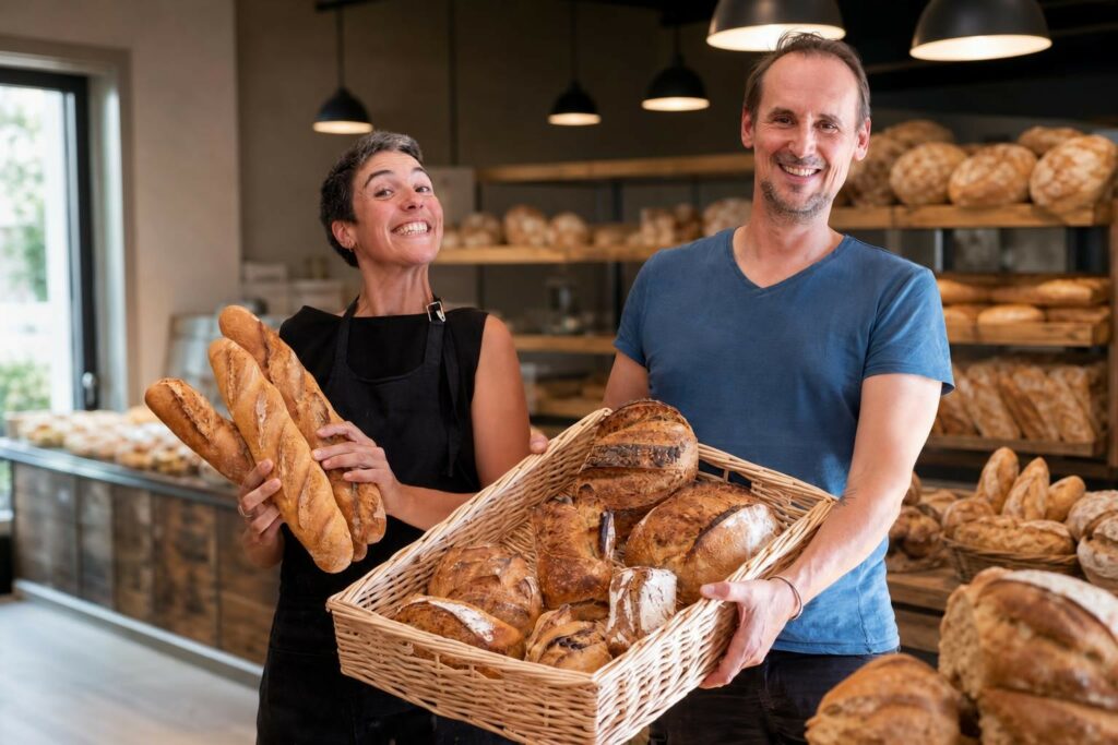 Mains anonymes pétrissant une pâte à pain bio sur un plan de travail en bois, grains et farine présents pour évoquer l’artisanat du Goupil