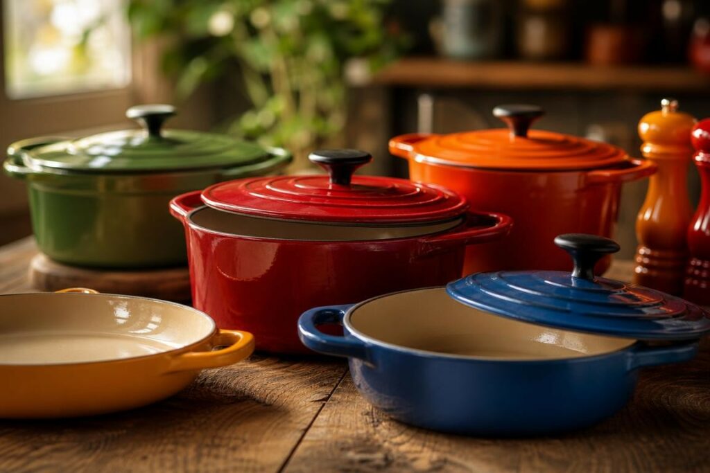 Photo rapprochée de casseroles et poêles en fonte émaillée colorée sur une table en bois brut