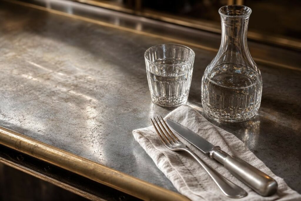 Gros plan sur un comptoir en zinc patiné avec un verre et une carafe en cristal, couverts sur napperon en lin, évoquant l’élégance des brasseries traditionnelles.