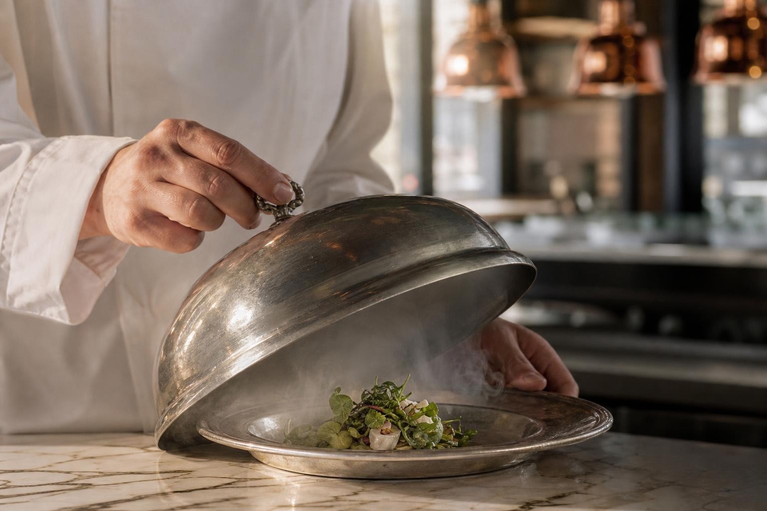 Scène évocatrice de mains anonymes levant une cloche en argent sur un plan de travail en marbre, vapeur s’échappant en hommage à la gastronomie des Années folles