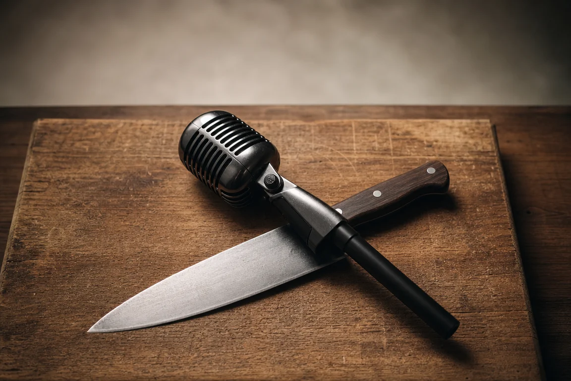Plan rapproché d’un couteau de chef et d’un micro vintage en croix sur une planche en bois brut, évoquant symboliquement un casting culinaire
