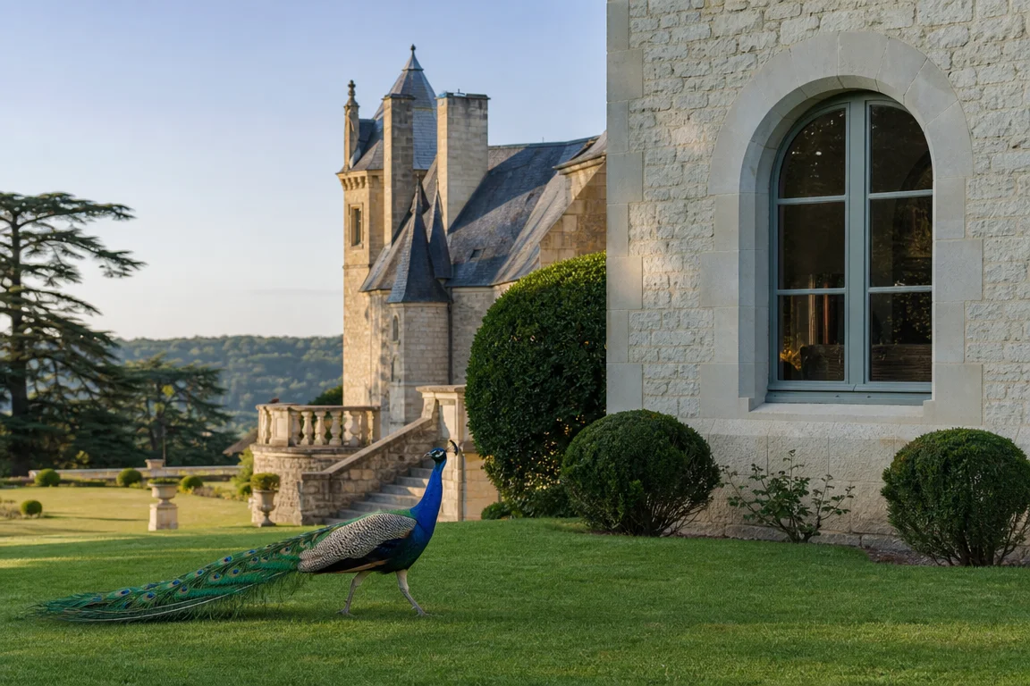 Illustration photographique évocatrice d’un château patrimonial générique avec un paon marchant sur la pelouse pour évoquer vacances, patrimoine et nature.