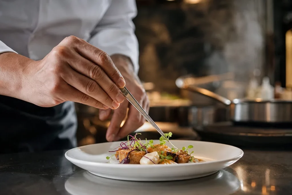 Gros plan mains d’un chef anonyme dressant une assiette dans une cuisine professionnelle générique