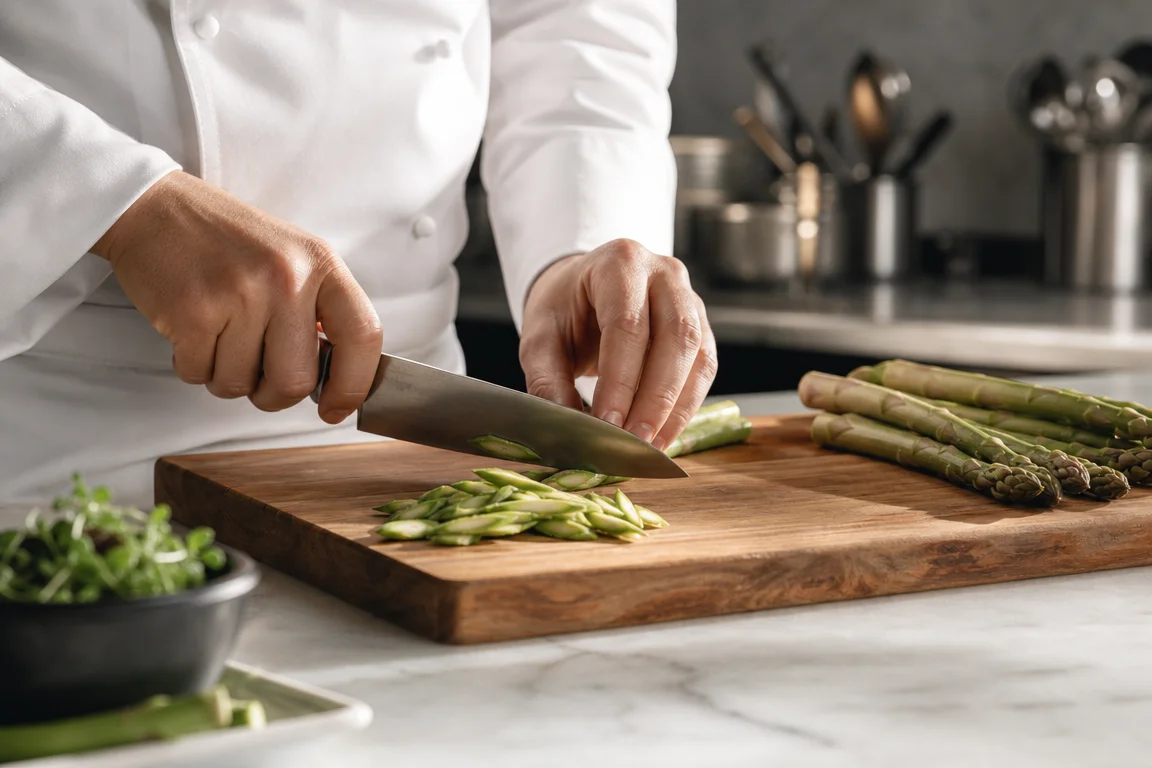 Mains d’un chef anonyme coupant des asperges sur un plan de travail en marbre dans une cuisine professionnelle générique.