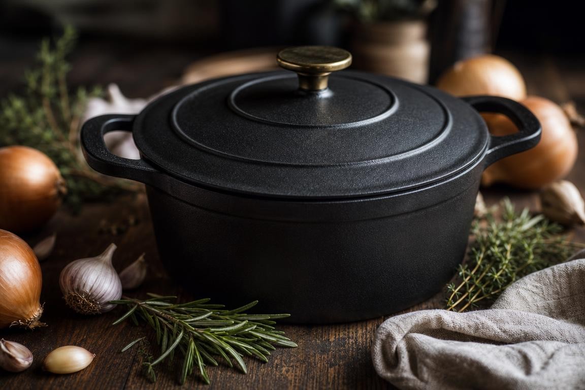 Mise en scène élégante d’une cocotte en fonte noire générique sur une planche en bois, entourée d’oignons, d’ail et d’herbes fraîches