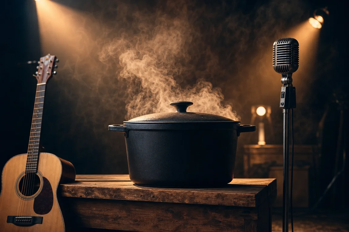 Mise en scène évocatrice d’un événement gastronomique et musical : cocotte en fonte, micro vintage et guitare sur une estrade en bois sous des projecteurs chauds