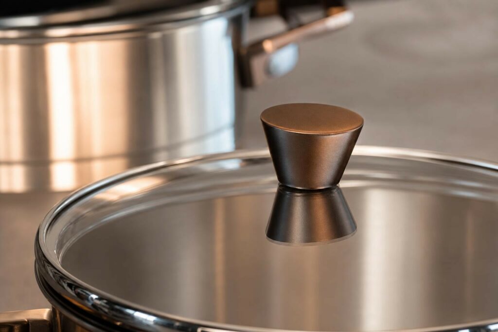 Gros plan sur une poignée en inox poli miroir et un bord de casserole en inox brossé, contrastant les finitions de la collection Bicentenaire Cristel