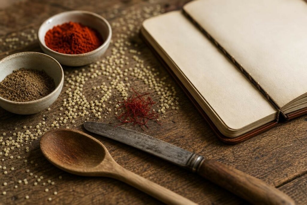 Composition rapprochée de grains de semoule de couscous, safran et épices disposés autour d’un carnet de notes vierge sur un plan de travail en bois.