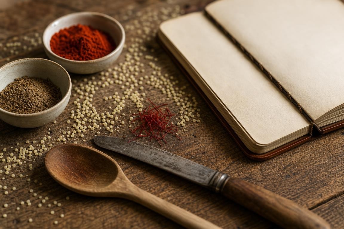 Composition rapprochée de grains de semoule de couscous, safran et épices disposés autour d’un carnet de notes vierge sur un plan de travail en bois.