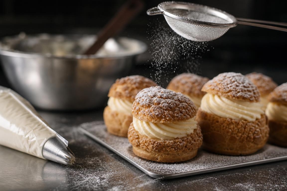 Mise en scène éditoriale de choux à la crème bruts sur un plan de travail inox, accompagnés d’une poche à douille et d’un tamis saupoudrant du sucre glace