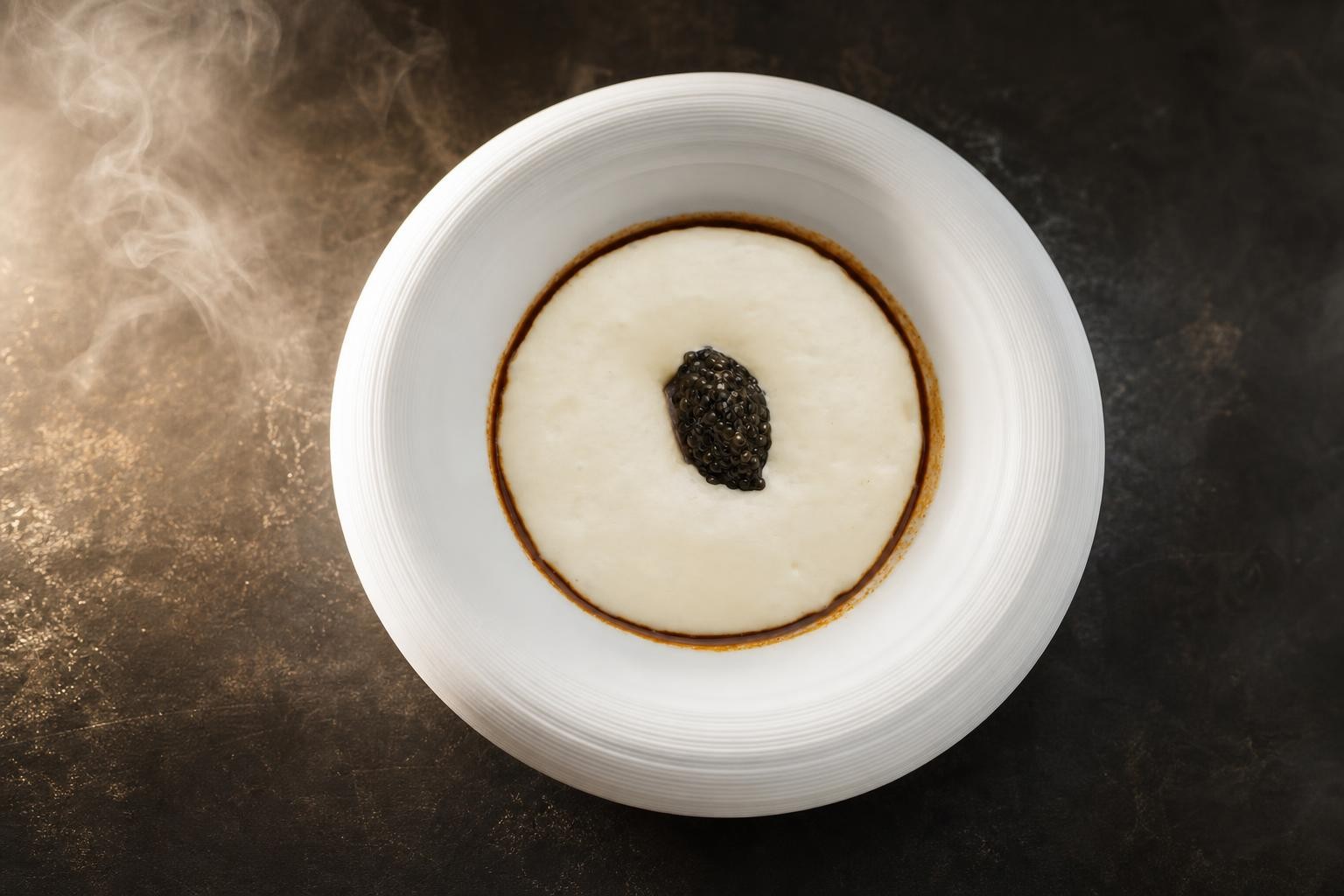 Vapeur et lumière : évocation de la distinction gastronomique Illustration photographique évoquant l’excellence culinaire par une vapeur légère sur métal sombre