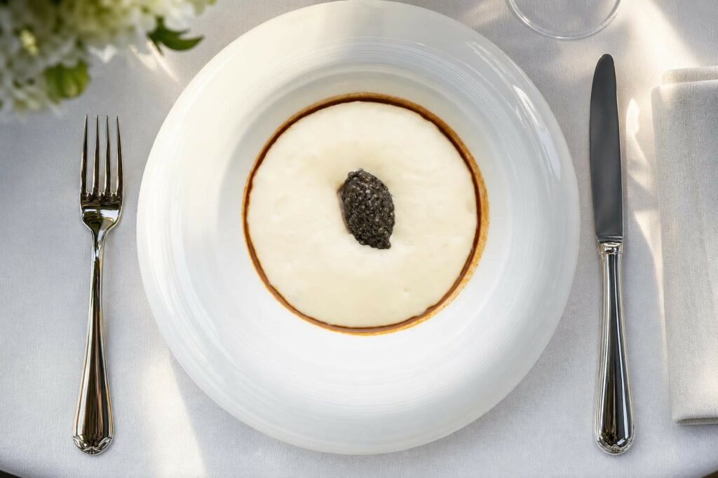 Mise en scène minimaliste d’une table de restaurant haut de gamme avec assiette en porcelaine fine vide et couverts en argent, évoquant la distinction Gault&Millau d’Or Normandie