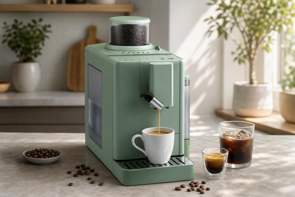 Illustration photographique évoquant le lancement d’une machine à café automatique : tasse blanche sous un bec verseur délivrant un espresso crémeux sur un plan de travail épuré