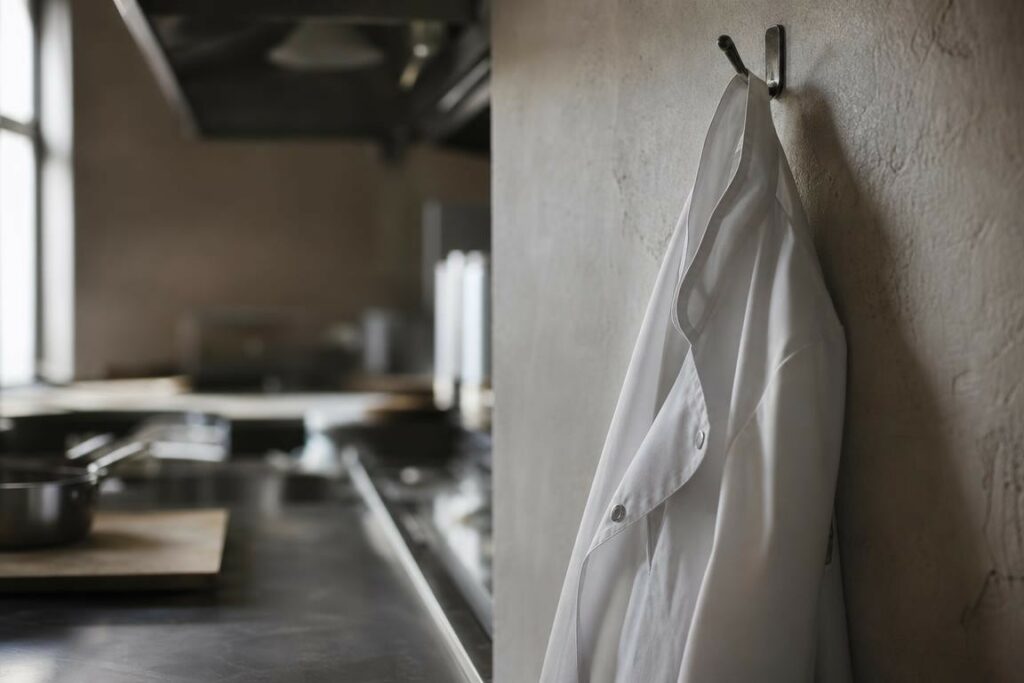 Scène évocatrice de départ d’un chef : une veste de chef blanche suspendue dans une cuisine professionnelle générique