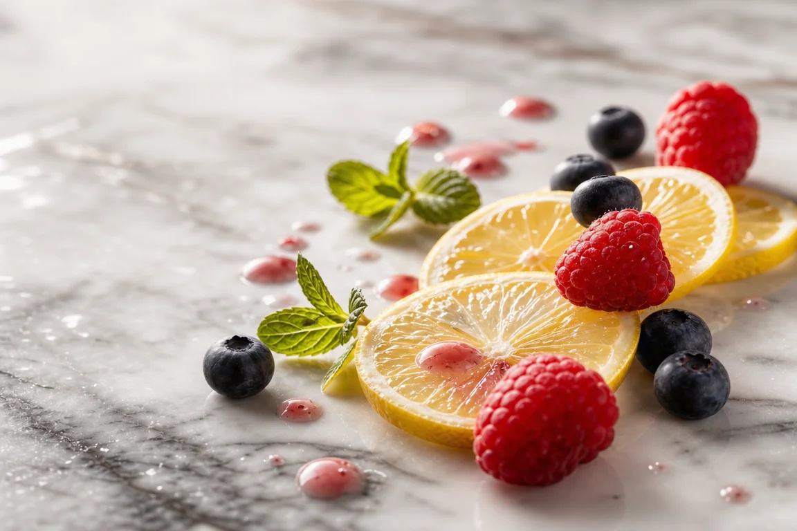 Gros plan épuré d'ingrédients frais – tranches de citron, baies rouges et bleues, feuilles de menthe et gouttes de coulis – sur marbre blanc évoquant un dessert d'été minimaliste