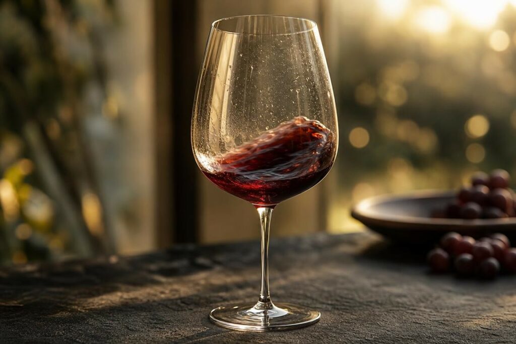 Mise en scène conceptuelle d’un verre à vin élégant sur surface sombre texturée évoquant l’excellence d’un vin primé