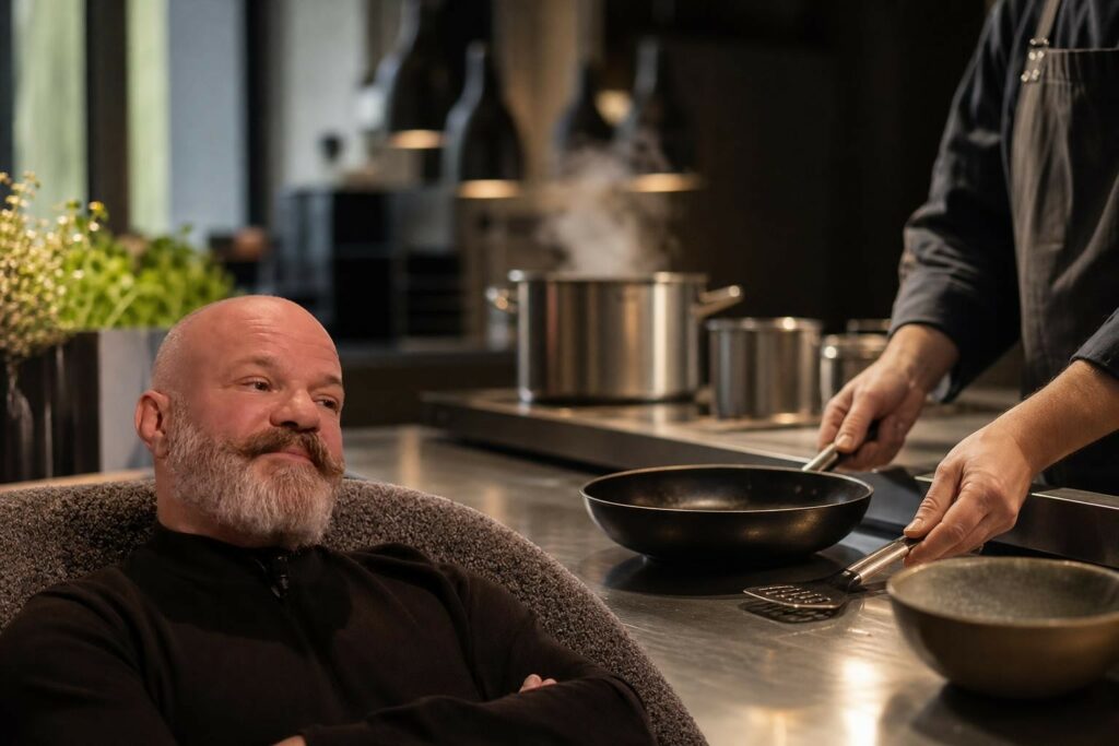 Scène évocatrice des coulisses d’une cuisine professionnelle avec des mains anonymes préparant des ustensiles sur un plan de travail inox, vapeur et lumière douce