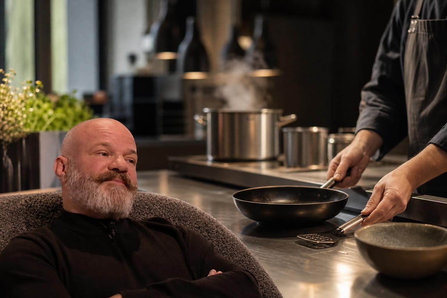 Scène évocatrice des coulisses d’une cuisine professionnelle avec des mains anonymes préparant des ustensiles sur un plan de travail inox, vapeur et lumière douce