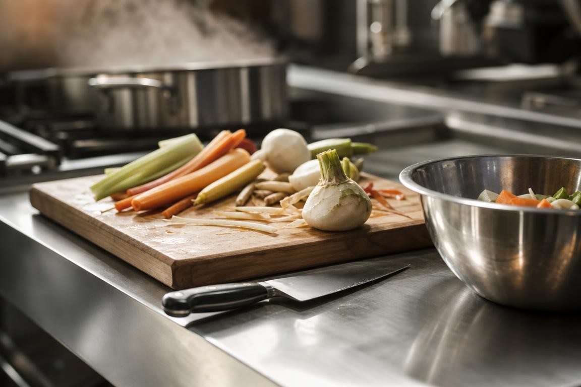 Mise en place dans une cuisine professionnelle générique avec plan de travail inox, planche en bois, couteau et légumes frais