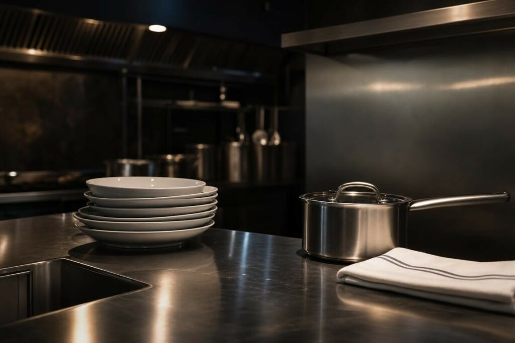 Scène évocatrice de la fermeture d’un restaurant étoilé, plan de travail inox vidé et rangé après service