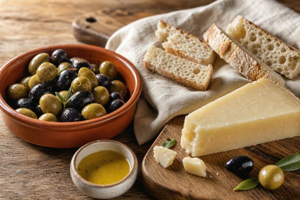 Mise en scène rapprochée d'olives, pain rustique, fromage et huile d'olive sur un plan de travail en bois, évoquant le festival gastronomique Alentejo et Ribatejo