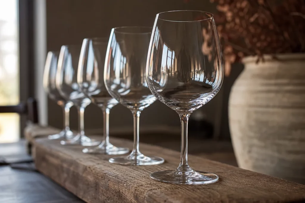 Rangée de verres à vin élégants vides sur une planche en bois, lumière douce, profondeur de champ réduite évoquant une dégustation de foire aux vins