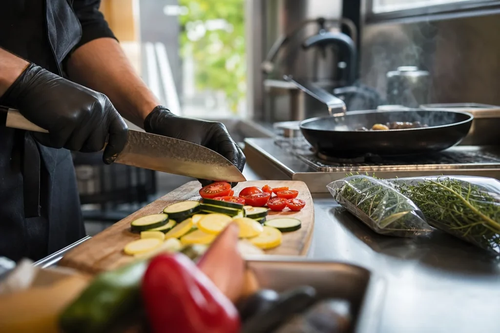 Scène évocatrice de la préparation de produits locaux dans la cuisine d’un food truck générique