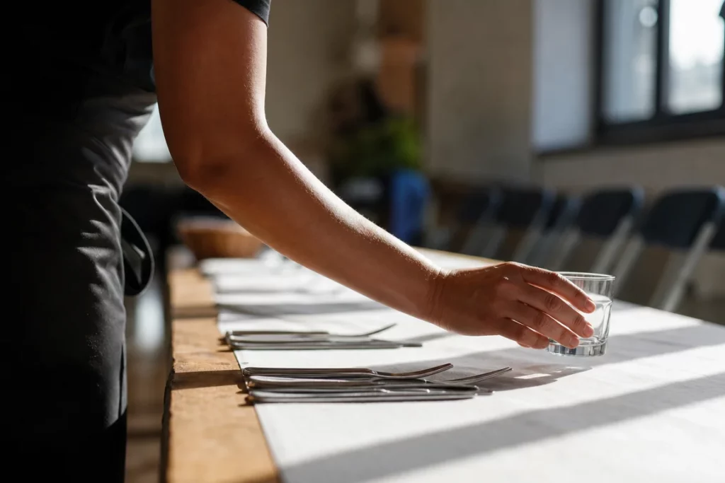 Mains anonymes disposant un verre sur une table recouverte d’une nappe blanche dans une salle associative