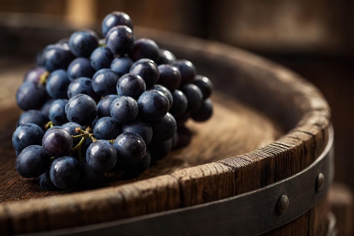 Illustration photographique évoquant l’excellence des vins bordelais primés par le guide Michelin, gros plan sur une grappe de raisin foncé et un détail de barrique en bois