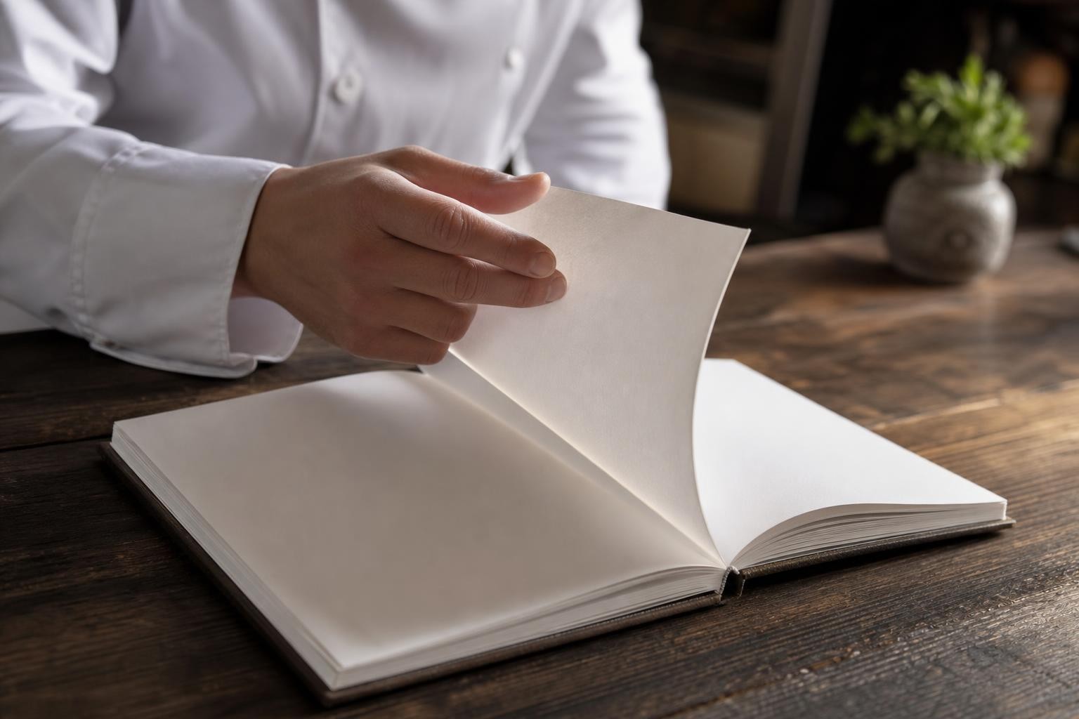 Main de chef feuilletant un livre relié générique ouvert sur un plan de travail en bois sombre, lumière douce sur les pages vierges