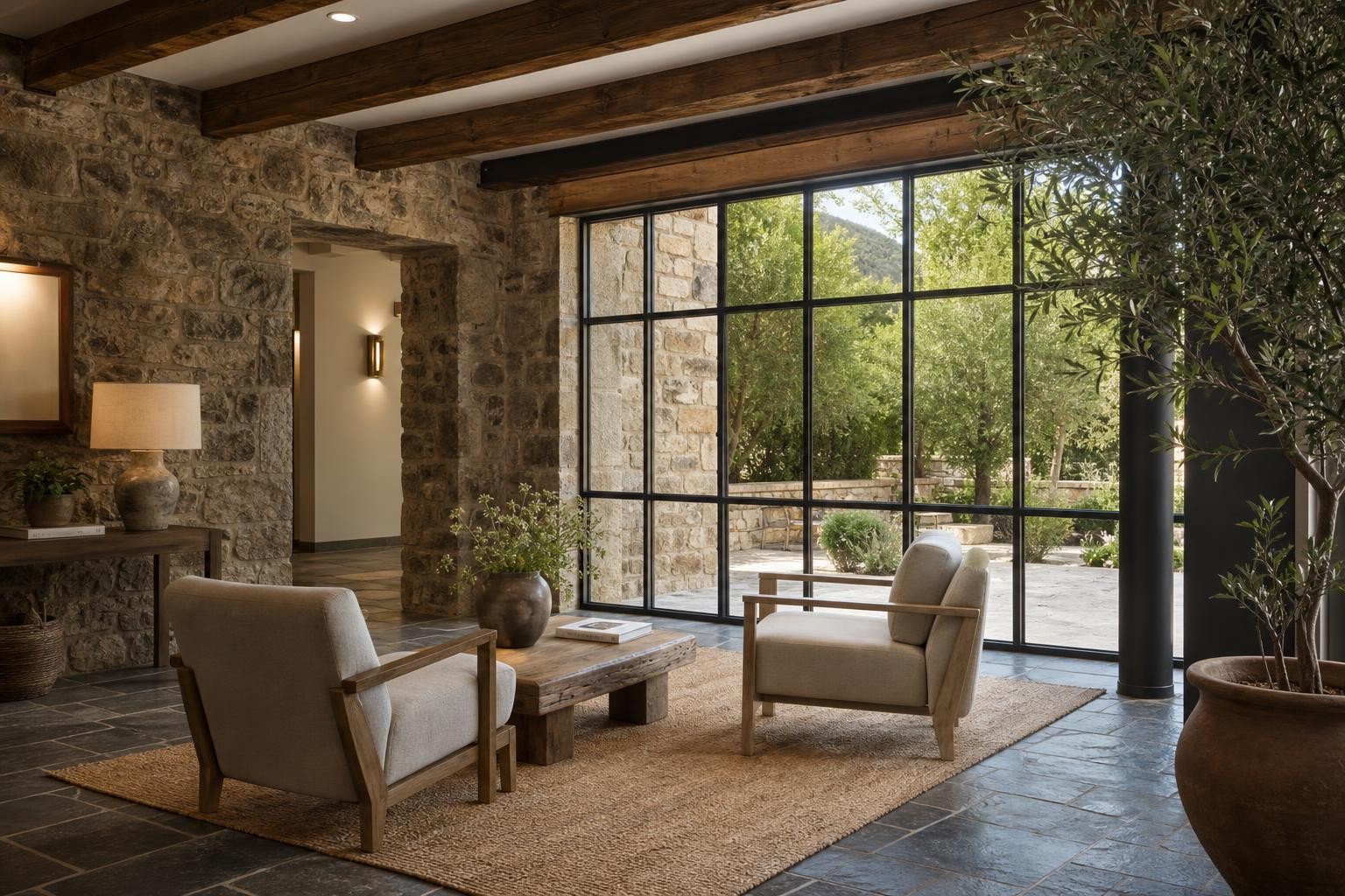 Atmosphère de renaissance d’un hôtel de charme après rénovation Scène évocatrice d’un lobby d’hôtel rénové, mur de pierre, poutres en bois, fauteuils en lin et lumière naturelle douce.