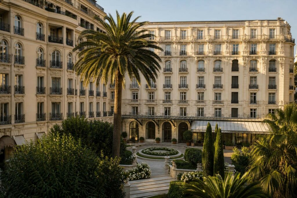 Façade Belle Époque générique d’un hôtel élégant baignée d’une douce lumière matinale évoquant un siècle d’histoire