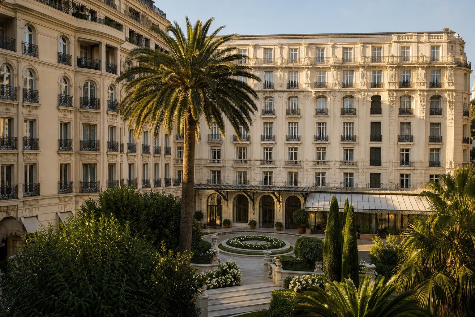 Façade patrimoniale évoquant cent ans d’élégance hôtelière Façade Belle Époque générique d’un hôtel élégant baignée d’une douce lumière matinale évoquant un siècle d’histoire