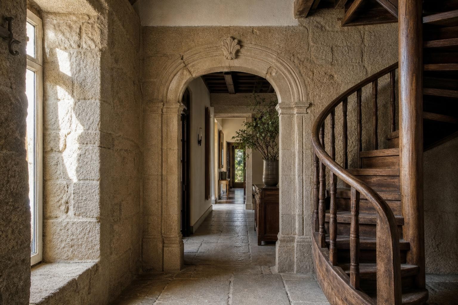 Couloir intérieur d’un manoir breton générique avec murs en granit et escalier en colimaçon, lumière naturelle douce