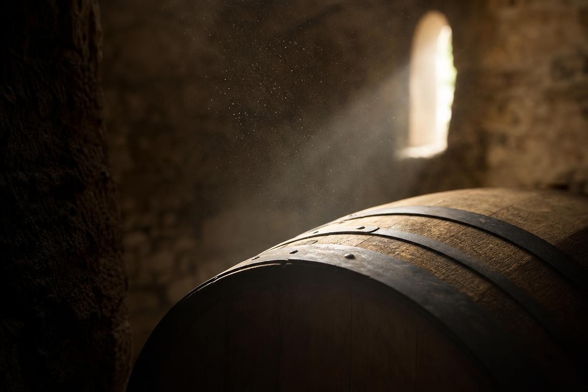 Barrique en bois partiellement éclairée dans une cave générique, poussière en suspension dans un rayon de lumière
