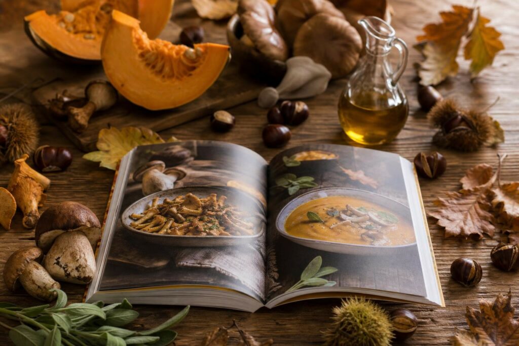 Scène évocatrice de la sortie d'un livre de cuisine automnale franco-italienne : un livre générique ouvert sur une table en bois, entouré de champignons, de châtaignes, de potiron et de sauge.